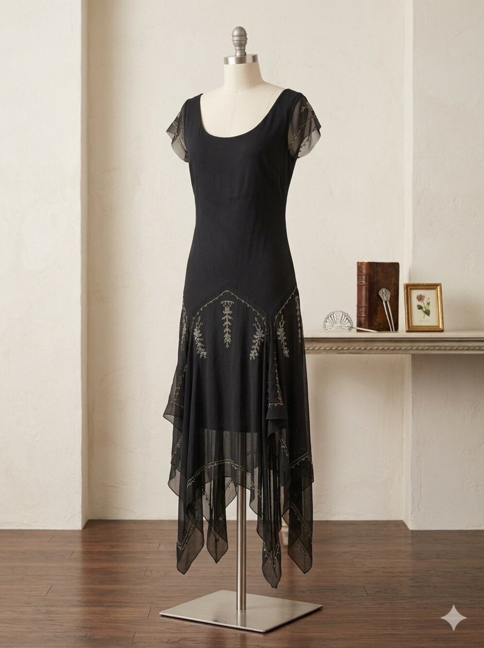 Vintage Y2K Fairy Goth Black Chiffon Beaded Midi Dress - Size 10 R&M Richards